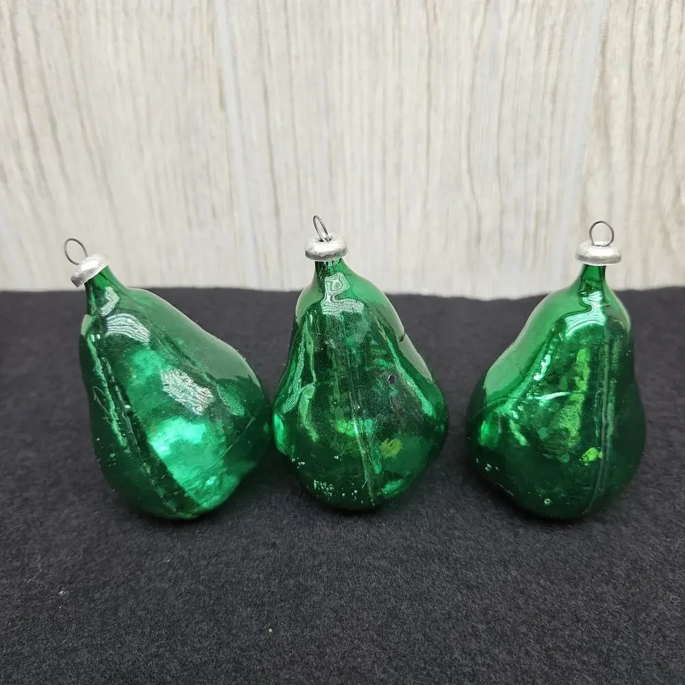 Vintage Green Blown Glass Pear‎ Christmas Ornaments Lot Set of 3 Holiday Decor